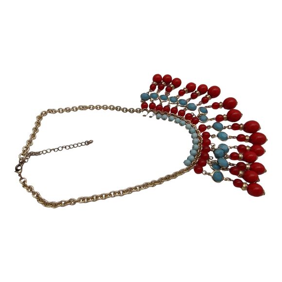 Vintage Jewelry Cascading Beaded Bib Gold Tone Red Blue Fringed Costume Necklace - Picture 4 of 9